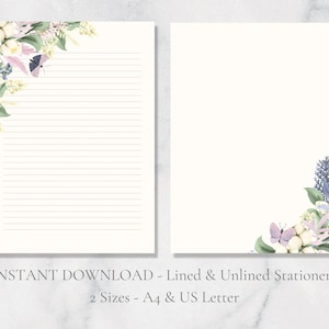 Papelería imprimible con diseño de polillas florales de primavera, flores, papel de carta de primavera, papel para escribir, tamaño A4, descarga instantánea