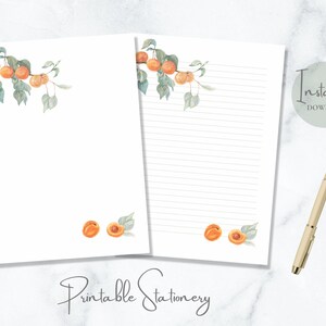 Papelería imprimible de albaricoque y melocotón, papelería de frutas, papel de escribir natural, papel de escribir con letras de árbol, tamaño A4, descarga instantánea.