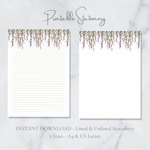 Papel de carta floral para pendurar, aquarela, papel de carta botânico, tamanho A4, download instantâneo, página de diário com borda floral de verão