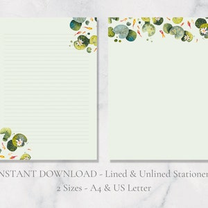 Papelería imprimible con diseño de estanque de peces koi, papel de lirio de agua, papel de escribir con diseño de flor de loto, papel de escribir con diseño natural, tamaño A4, carta estadounidense, descarga instantánea