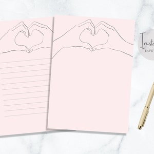 Papelería imprimible con forma de corazón y manos, tamaño carta A5, para San Valentín, papel minimalista para escribir cartas de amor, descarga instantánea