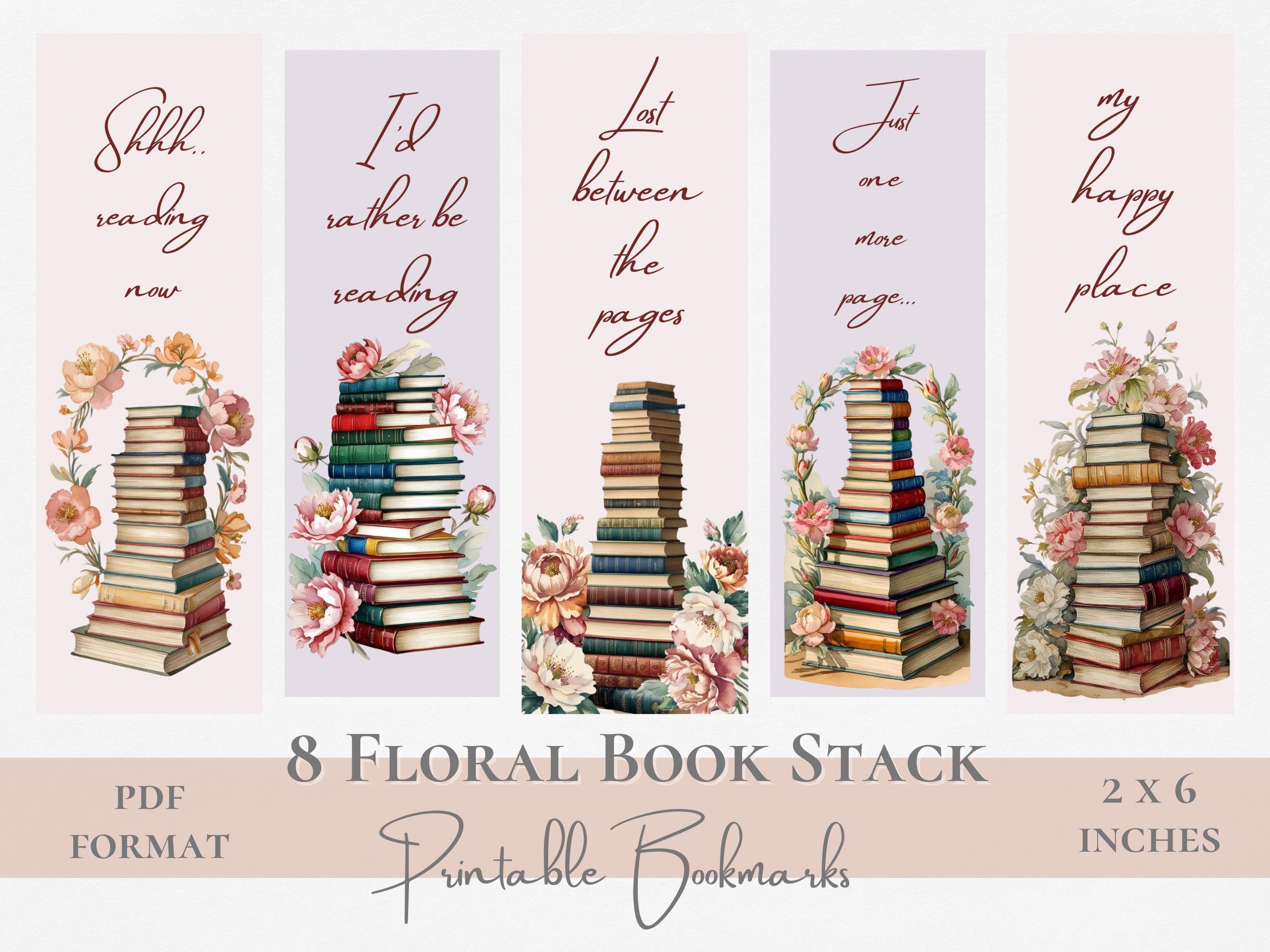 Floral Book Stack Printable Bookmark Set Vintage Flower Stacked Books Instant Digital Download Literary Quote US Letter Gift for Book Lovers
