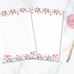 Papelaria para impressão de pássaros e flores, meia carta americana A5, aquarela, floral, dia dos namorados, corações, papel de carta, download instantâneo
