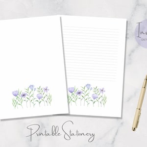 Papelería imprimible con flores de primavera azules, papelería floral, papel botánico para escribir cartas, papel A4, carta estadounidense, descarga instantánea