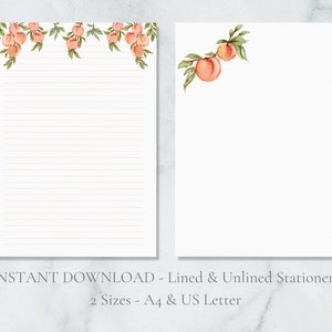 Papelería imprimible con melocotones, frutas, naturaleza, hojas de papel para escribir, hojas de papel para escribir letras, tamaño A4, EE. UU., descarga instantánea, albaricoque.