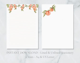 Peaches Printable Stationery Fruit Stationary Nature Writing Paper Tree Letter Writing Paper A4 US Letter Instant Download Apricot