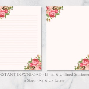 Vintage Rose druckbare Schreibwaren Retro Blumen stationäre Blumen Schreibpapier Liebe Brief Planer Einsatz A4 US Letter Instant Download