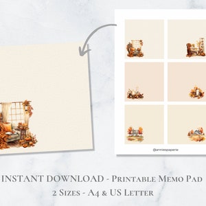 Op de afbeelding: Printbare memo-blok met zes verschillende herfstthema-illustraties. De illustraties tonen een knusse fauteuil, kaarsen en een huis met herfstbladeren. De memo-blok is verkrijgbaar in twee formaten: A4 en US Letter.