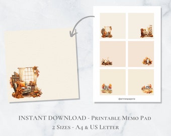 Cozy Autumn Printable Memo Pad Fall Stationery Fall Note Paper Printable Post It A4 US Letter Instant Download Nature Thanksgiving Halloween