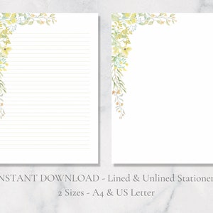 Papelería imprimible con flores amarillas, papelería floral verde, papel de escritura natural, papel de escritura de primavera, papel de escritura A4, carta estadounidense, descarga instantánea