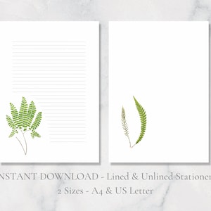 Papel de carta para impressão de samambaia, papel de carta com folhas verdes, papel de carta botânico com folhas A4, download instantâneo
