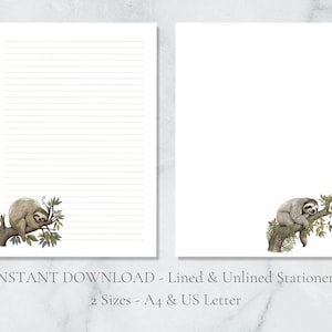 Luiaard afdrukbaar briefpapier dier stationair aquarel briefpapier lente brief briefpapier A4 US Letter Instant Download Tropical