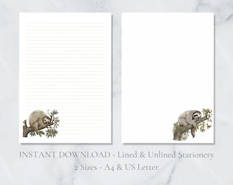 Sloth Printable Stationery Animal Stationary Watercolor Writing Paper Spring Letter Writing Paper A4 US Letter Instant Download Tropical