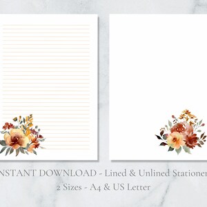 Papelería imprimible con motivos florales de otoño Papelería de otoño Papelería rústica A4 y carta de EE. UU. Rayada y lisa Descarga instantánea en PDF Papelería de flores
