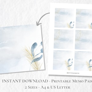 Bloc de notas imprimible con hojas de invierno en acuarela azul y dorado, hojas de notas botánicas, papel adhesivo imprimible, tamaño A4, carta de EE. UU., descarga instantánea