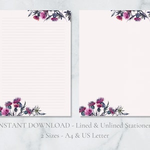 Distel bloemen afdrukbaar briefpapier paarse bloem stationair botanisch briefpapier Brief schrijfpapier A4 US Letter Instant Download