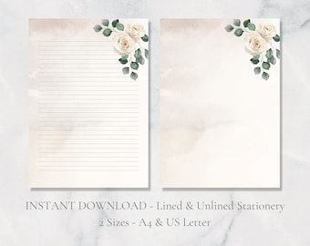 Vintage Rose Printable Stationery Watercolor Stationary Floral Writing Paper Love Letter Writing Paper A4 US Letter Instant Download