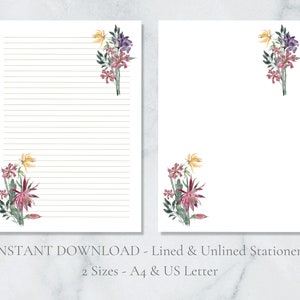 Papelería imprimible con ramo rojo y amarillo, papelería floral, papel de escritura natural, flores, papel para escribir cartas, tamaño A4, carta estadounidense, descarga instantánea