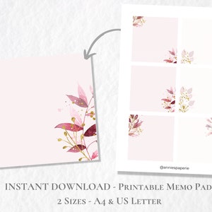 Bloco de notas imprimível com folhas de inverno, memorando festivo, papel de notas botânicas, post-it imprimível, carta A4 dos EUA, download instantâneo, Natal, rosa e folhas douradas