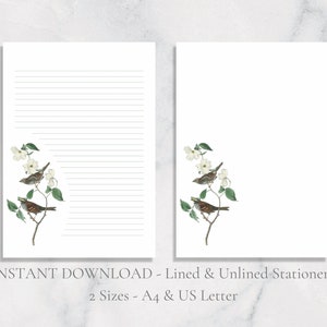 Papelaria para impressão de pássaros em flor, papel de carta floral, papel de carta para escrita de pássaros, papel de carta A4 EUA, botânico, download instantâneo