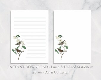 Birds Blossom Printable Stationery Floral Stationary Nature Writing Paper Bird Letter Writing Paper A4 US Letter Botanical Instant Download