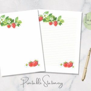 Papelaria para impressão de morango, papel de carta de frutas, papel de carta de aquarela, papel de carta de planta, papel de carta A4 dos EUA, download instantâneo