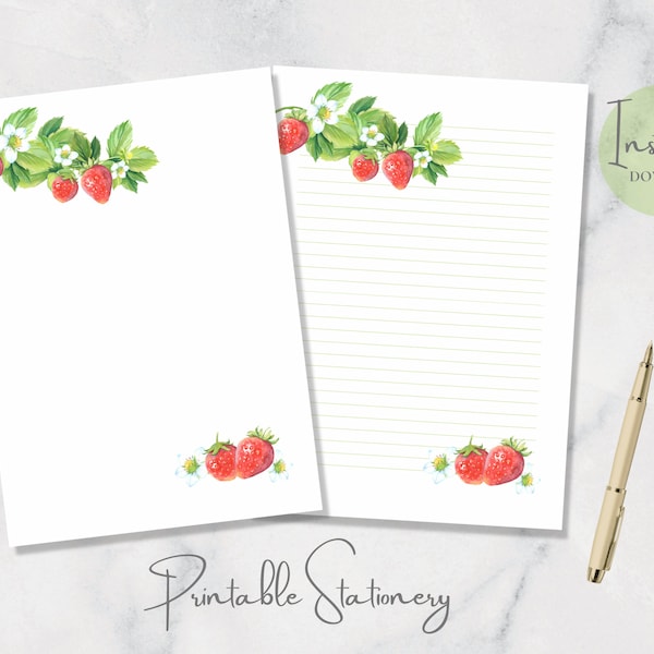 Strawberry Printable Stationery Fruit Stationary Watercolor Writing Paper Plant Letter Writing Paper A4 US Letter Instant Download