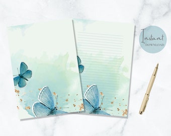 Butterfly Printable Stationery Blue Gold Stationary Nature Writing Paper Wildlife Letter Writing Paper A4 US Letter Instant Download