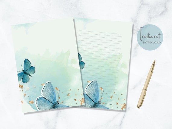 Butterfly Printable Stationery Blue Gold Stationary Nature | Etsy
