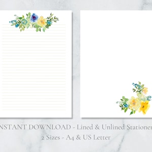 Blue Yellow Roses Printable Stationery Watercolor Floral Stationary Botanical Letter Writing Paper A4 US Letter Instant Download Flowers