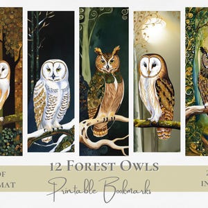 Forest Owls Printable Bookmark Set Woodland Watercolor Owl Instant Digital Download Decorative US Letter Gift for Book Lover Whimsy Animal