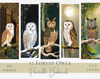 Set di segnalibri stampabili con gufi della foresta, gufo acquerello del bosco, download digitale istantaneo, lettera decorativa degli Stati Uniti, regalo per gli amanti dei libri, animale stravagante
