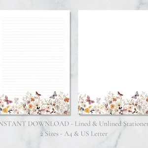 Vlindertuin Afdrukbaar briefpapier Bloemen stationair Natuur schrijfpapier vlinders Brief schrijfpapier A4 US Letter Direct downloaden