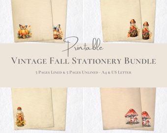 BUNDLE Vintage Fall Stationery Printable Autumn Stationary Paper Halloween Writing Paper Set A4 US Letter Instant Download Nature Paper