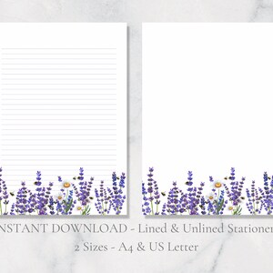 Papelería imprimible de lavanda y abeja, papelería floral, papel para escribir con margaritas, vida silvestre, papel para escribir cartas A4, tamaño carta de EE. UU., descarga instantánea