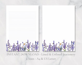 Lavender & Bee Printable Stationery Flower Stationary Floral Writing Paper Daisy Wildlife Letter Writing Paper A4 US Letter Instant Download