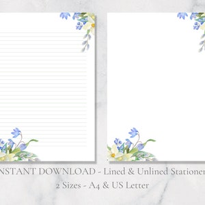 Papelería imprimible con narcisos y campanillas azules, papelería floral, papel botánico para escribir cartas de primavera, papel A4, tamaño carta de EE. UU., descarga instantánea