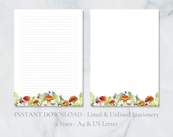 Mushroom Acorn Printable Stationery Woodland Writing Paper Forest Letter Paper A4 US Letter Lined & Plain Instant Download PDF Stationery