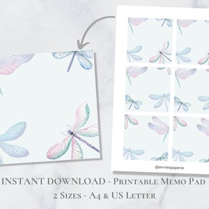 Bloc de notas imprimible con diseño de libélula azul y púrpura, juego de notas de naturaleza, papel de notas botánico de acuarela, adhesivo imprimible, tamaño A4, carta de EE. UU., descarga instantánea