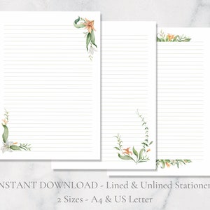 Papelería elegante con diseño de lirios para imprimir, papelería botánica para imprimir, papel de carta con lirios, papel floral tamaño A4, descarga instantánea.