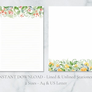 Papel de carta imprimible con borde floral, papel para escribir cartas con flores para amantes de la naturaleza, tamaño A4, carta de EE. UU., descarga instantánea, ramo de jardín