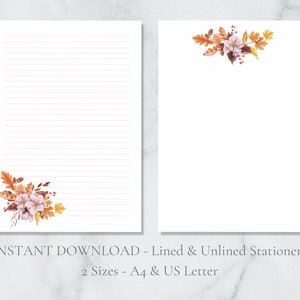 Papelería imprimible con motivos florales de otoño, papelería de otoño, papelería rústica, tamaño A4 y carta de EE. UU., con líneas y lisas, descarga instantánea en PDF, papelería con hojas.