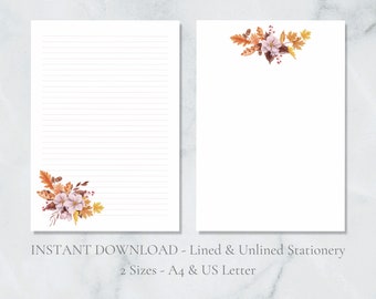 Autumn Floral Printable Stationery Fall Stationery Rustic Stationery A4 and US Letter Lined & Plain Instant Download PDF Leaves Stationery