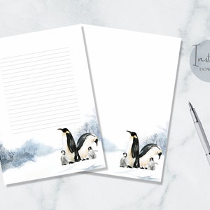 Papelería imprimible con pingüinos de acuarela, papelería de invierno, papel para escribir con nieve, papel para escribir cartas A4, tamaño carta de EE. UU., descarga instantánea