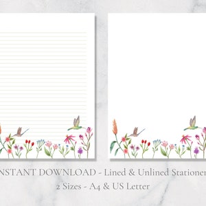 Papelería imprimible de jardín de colibríes, papelería floral, papel de escritura natural, papel de escritura de primavera, papel de escritura de cartas A4, tamaño carta de EE. UU., descarga instantánea