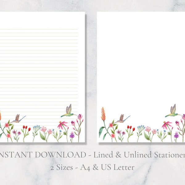 Hummingbird Garden Printable Stationery Floral Stationary Nature Writing Paper Spring Letter Writing Paper A4 US Letter Instant Download