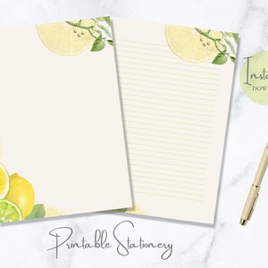 Papelería imprimible de limón, papelería de acuarela de frutas, papel de escritura natural, papel de escritura de cartas cítricas, tamaño A4, carta estadounidense, descarga instantánea