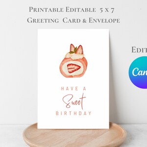 Editable Greeting Card 5 X 7  Strawberry Cake Printable Card Cute Cake Happy Birthday Card Congratulations A4 US Letter Edit Canva Template
