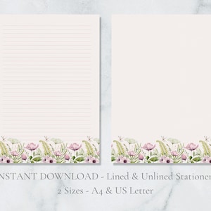 Papelaria para impressão em aquarela floral de libélula, papoula, papel de carta botânico, papel de carta, papel de carta A4, download instantâneo