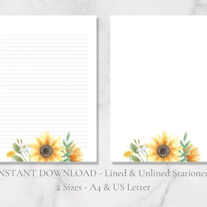 Papelería imprimible con diseño de girasoles, papel floral para escribir, papel amarillo para escribir cartas A4, descarga instantánea, papelería de primavera y verano.
